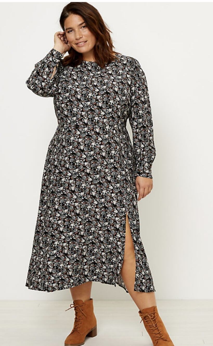 Ann Taylor LOFT Floral Midi Dress WMNS 2 Black Puff Sleeve High Neck Zip Slit LS